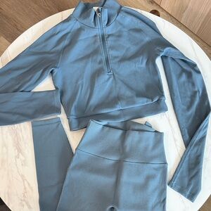 Ribbed Zip-Front Active Set in Dusty Blue